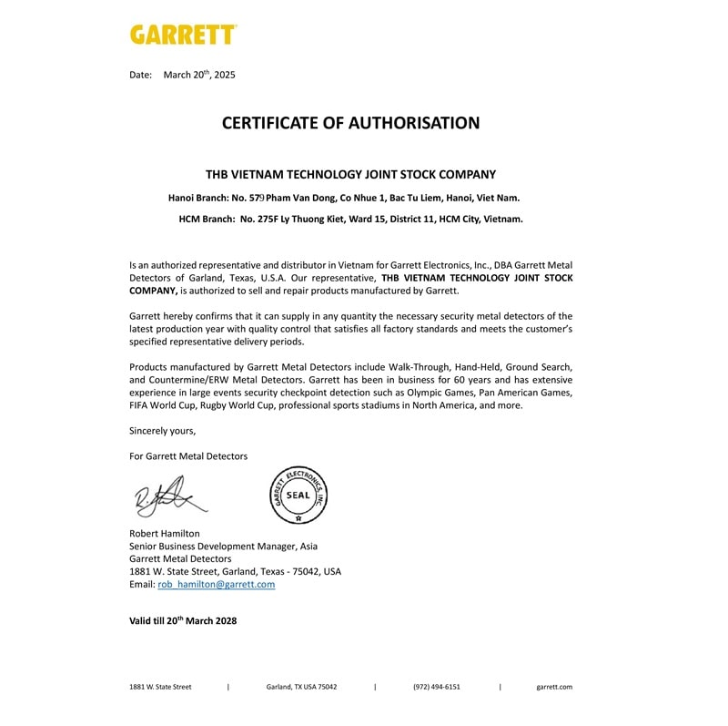 Chứng nhận Đại lý ủy quyền Garrett của THB Việt Nam