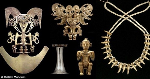Một số hiện vật bằng vàng được trưng bày tại cuộc triển lãm “Vượt trên cả El Dorado” của Viện bảo tàng Anh.